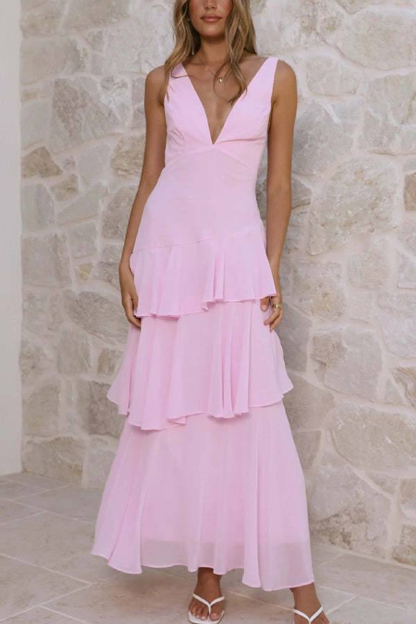 Solid Color V-neck Sleeveless Elegant Layered Maxi Dress