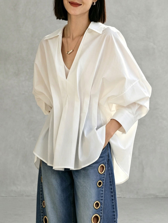 Split-Joint Solid Color Pleated Puff Sleeves Loose Lapel Blouses&Shirts Tops