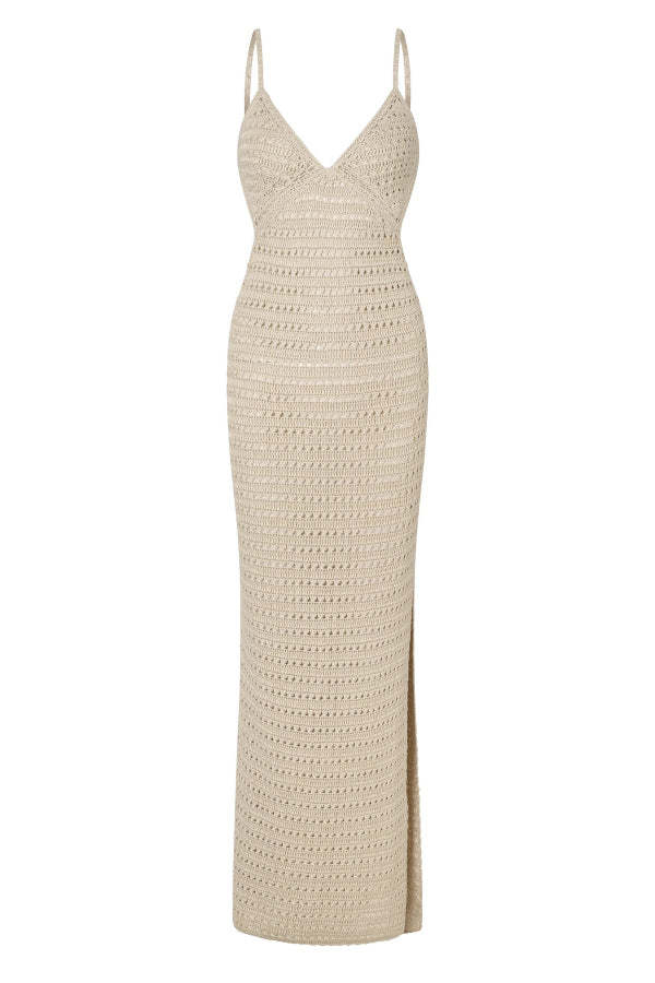 Solid Color Knitted Openwork Sexy Backless Slit Cover-up Maxi Dress