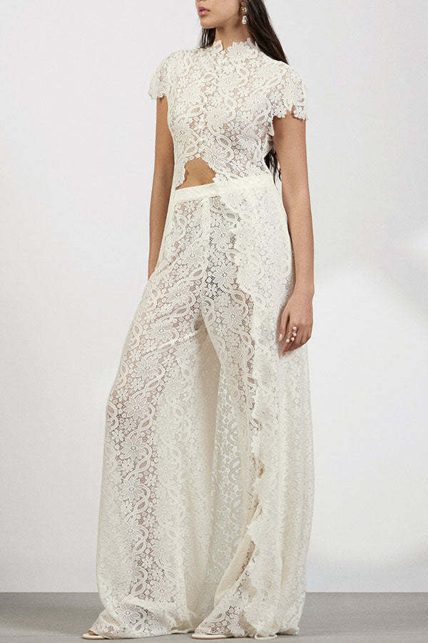 Elegance Avant-garde Floral Lace Short Sleeve High Low Top and High Rise Wide Leg Pants Set