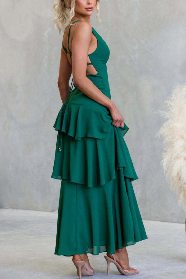 Solid Color V-neck Sleeveless Elegant Layered Maxi Dress