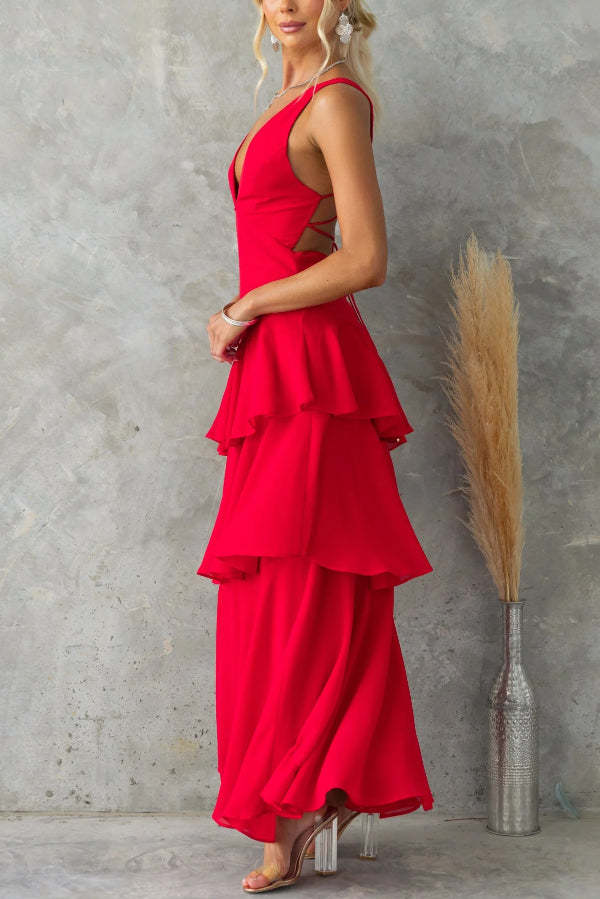 Solid Color V-neck Sleeveless Elegant Layered Maxi Dress