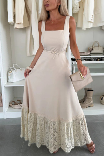Solid Color Square Neck Sleeveless Fitted Wst Elegant Lace Hem Maxi Dress