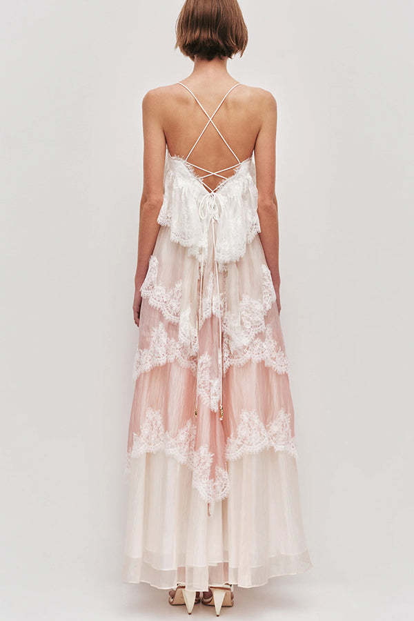 Caroline Gradient Layered Lace Trim Tiers Adjustable Straps Backless A-line Maxi Dress