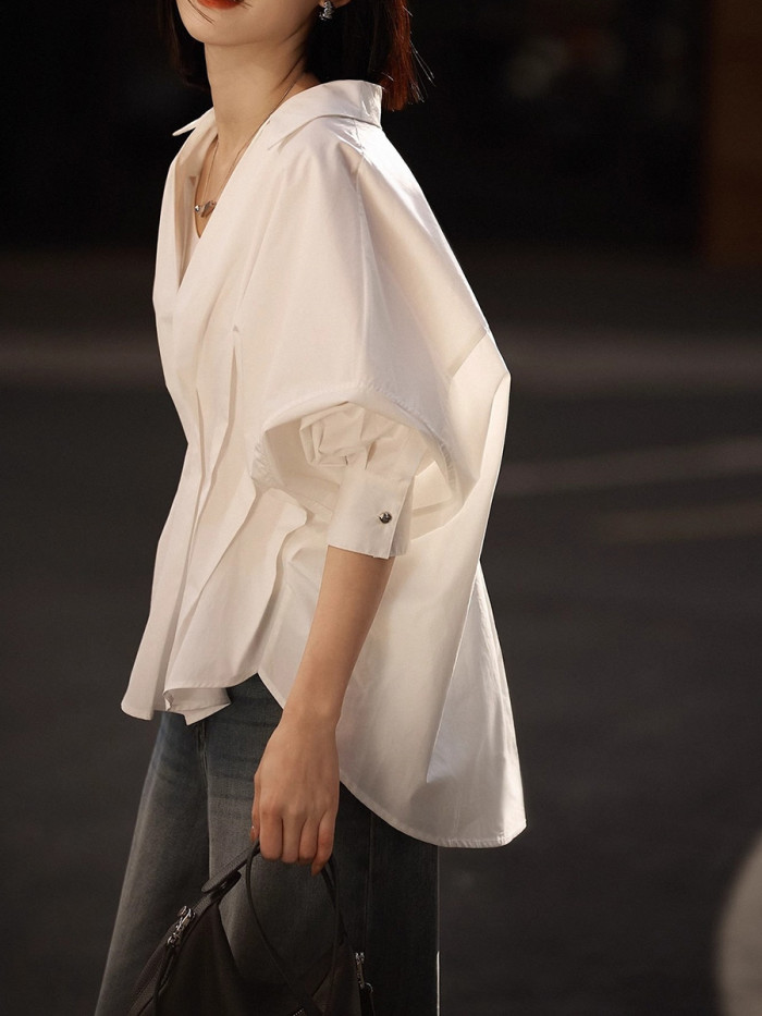 Split-Joint Solid Color Pleated Puff Sleeves Loose Lapel Blouses&Shirts Tops