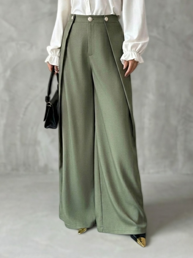 Split-Joint Solid Color Buttoned Wide Leg High Waisted Trousers Pants