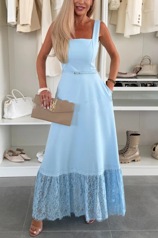 Solid Color Square Neck Sleeveless Fitted Wst Elegant Lace Hem Maxi Dress
