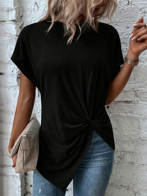 Split-Joint Solid Color Pleated Asymmetric Loose Batwing Sleeves Round-neck T-shirts