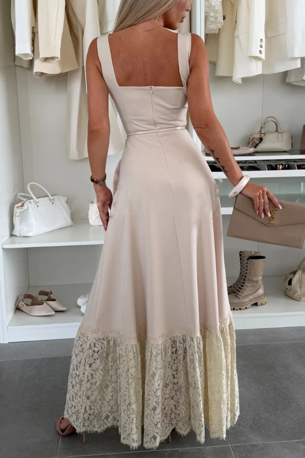 Solid Color Square Neck Sleeveless Fitted Wst Elegant Lace Hem Maxi Dress