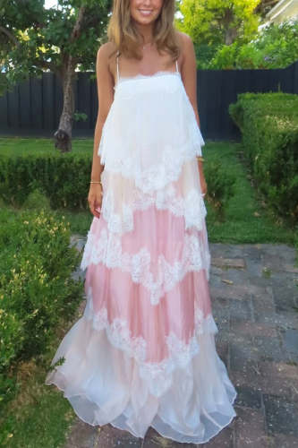 Caroline Gradient Layered Lace Trim Tiers Adjustable Straps Backless A-line Maxi Dress