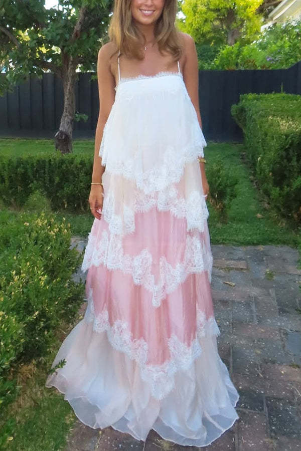 Caroline Gradient Layered Lace Trim Tiers Adjustable Straps Backless A-line Maxi Dress