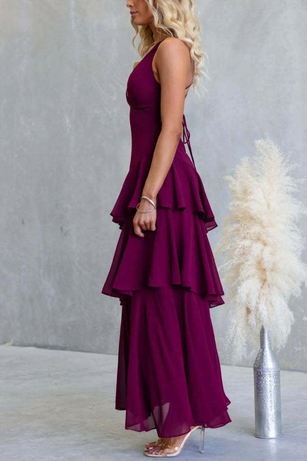 Solid Color V-neck Sleeveless Elegant Layered Maxi Dress