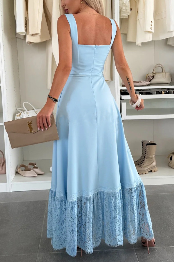 Solid Color Square Neck Sleeveless Fitted Wst Elegant Lace Hem Maxi Dress