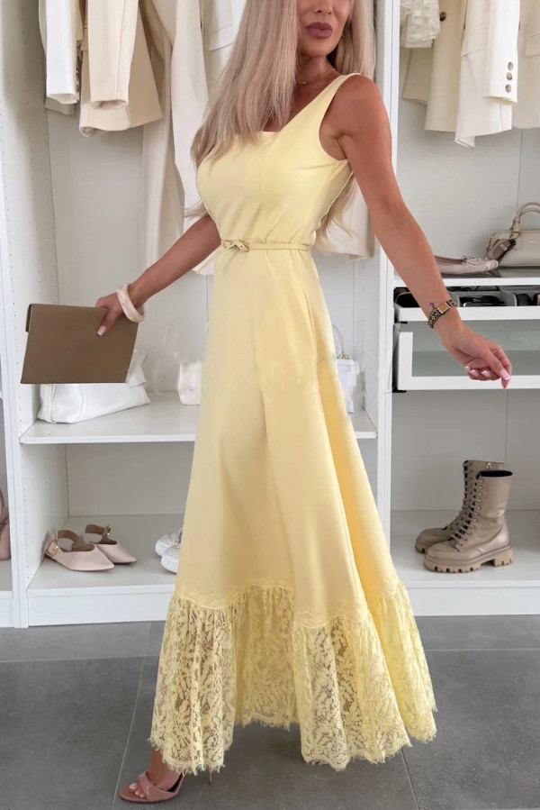 Solid Color Square Neck Sleeveless Fitted Wst Elegant Lace Hem Maxi Dress