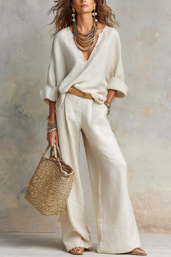 Linen Blend Solid Color Loose V-neck Top and Elastic Waist Pocket Casual Wide-leg Pants Set
