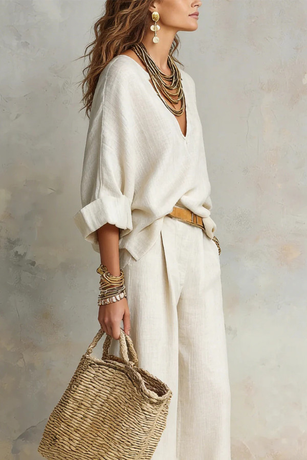 Linen Blend Solid Color Loose V-neck Top and Elastic Waist Pocket Casual Wide-leg Pants Set