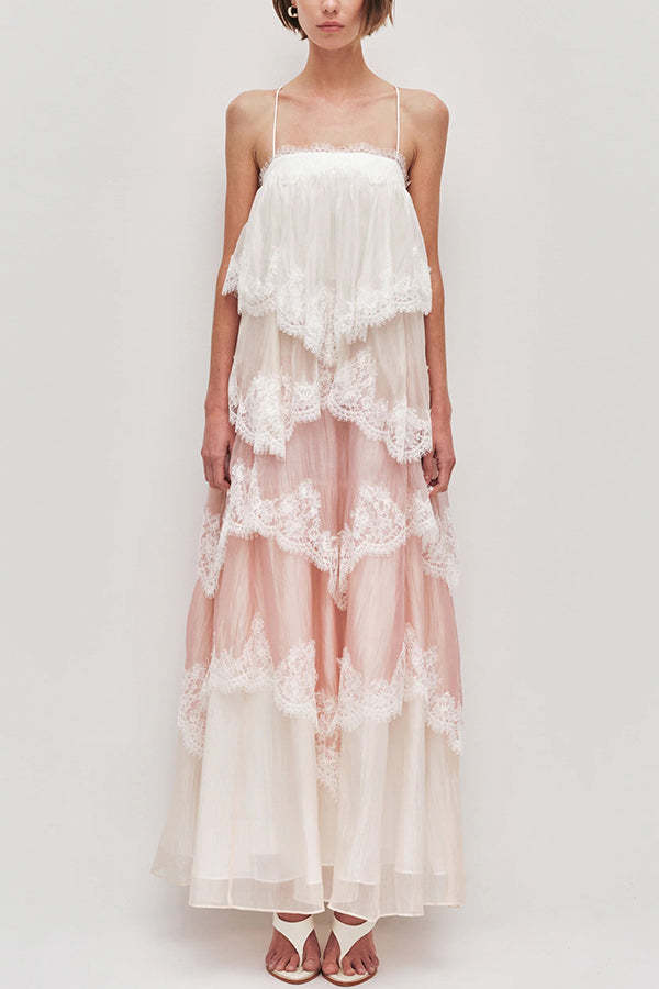 Caroline Gradient Layered Lace Trim Tiers Adjustable Straps Backless A-line Maxi Dress