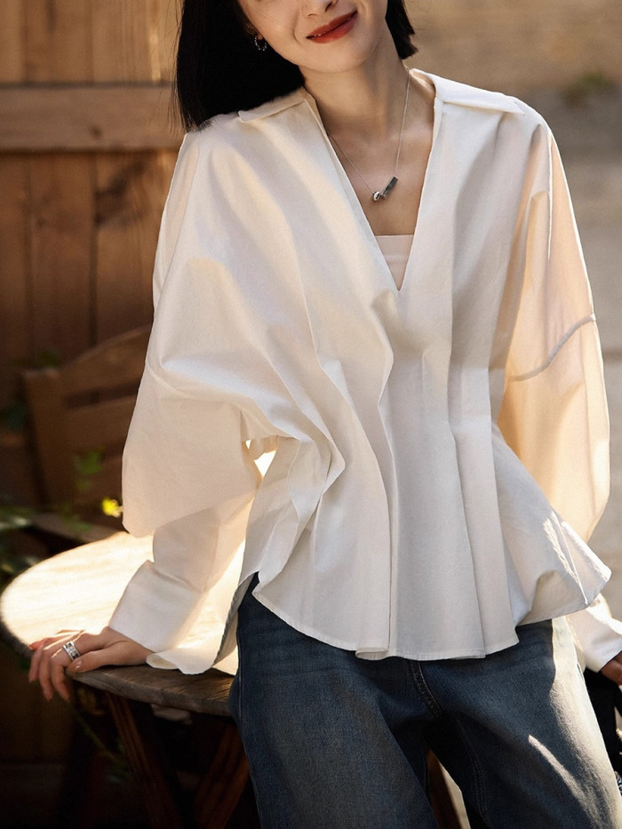 Split-Joint Solid Color Pleated Puff Sleeves Loose Lapel Blouses&Shirts Tops