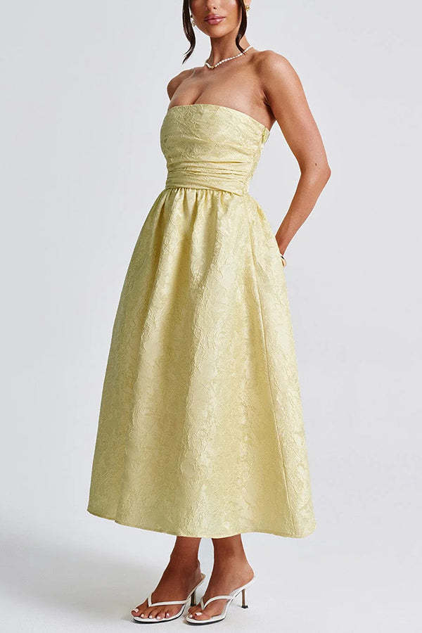 Jacquard Fabric Strapless Open Back Elegant Slim Midi Dress