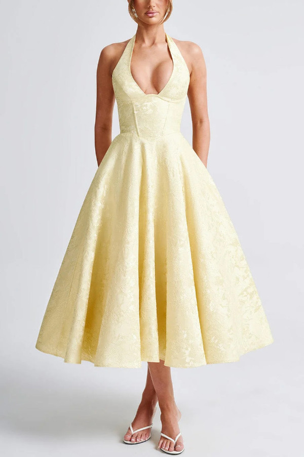 Stylish Jacquard Halter Neck Fitted Waist Open Back Elegant Midi Dress
