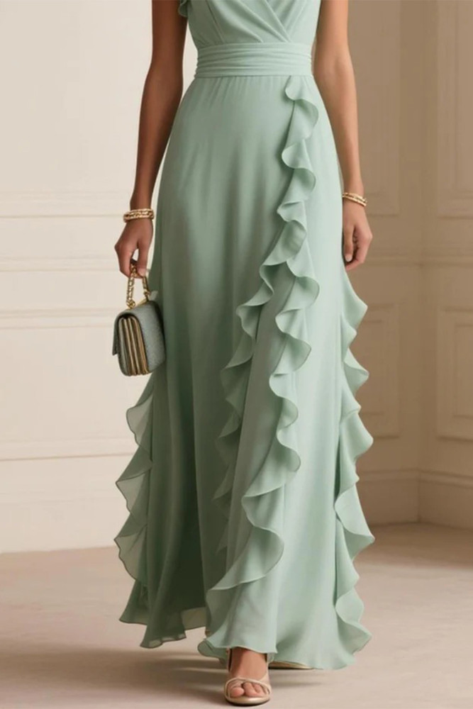 Wedding Guest Sage Green Chiffon Wrap Ruffle Flutter Sleeve Maxi Dress