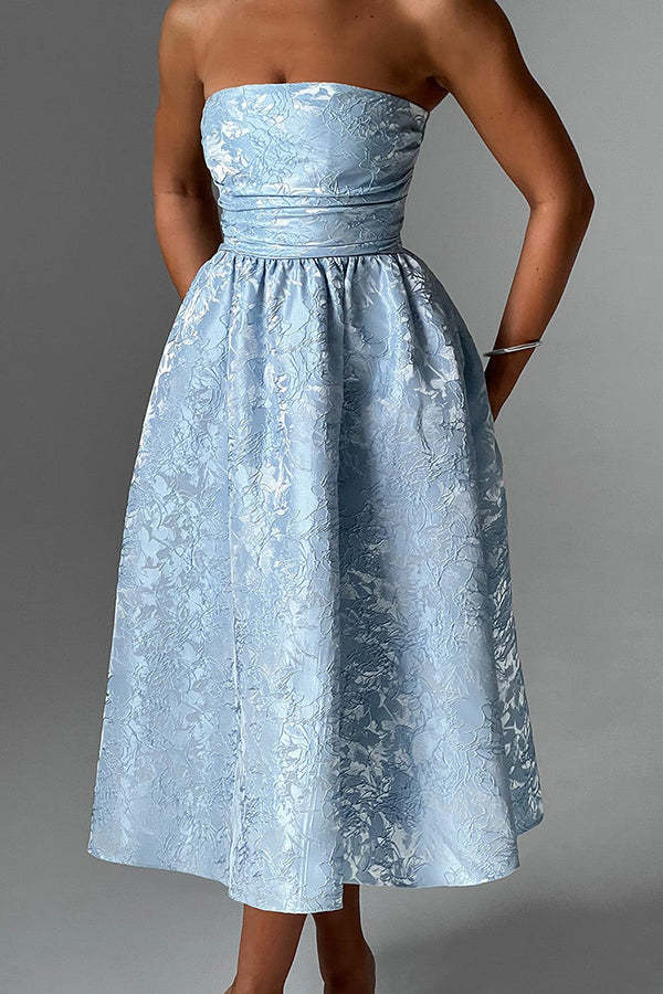 Jacquard Fabric Strapless Open Back Elegant Slim Midi Dress