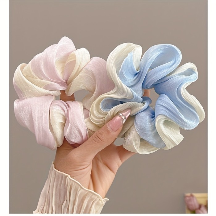 2pcs Iridescent Gradient Mesh Tummy Hair Ties, Gentle Style Temperament High Aesthetic Hair Scrunchies