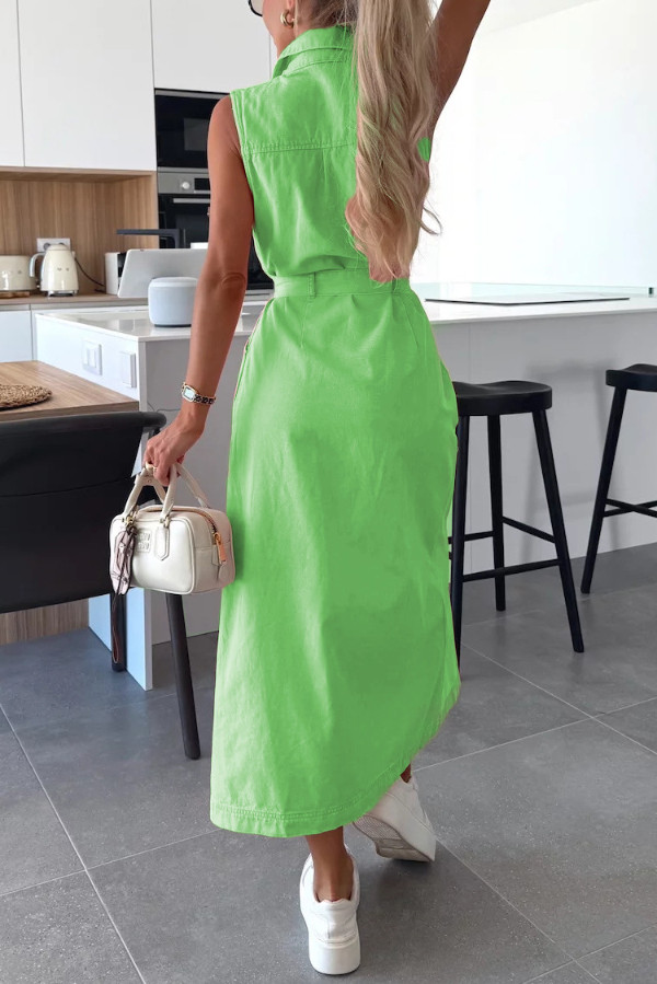 Solid Color Sleeveless Single Breasted Wst Tie Casual Pocket Denim Midi Dress