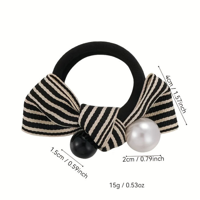 Exquisite Retro Fabric Hair Tie with Black and White Striped Bow, Faux Accent - Single Piece Fashion Accessory