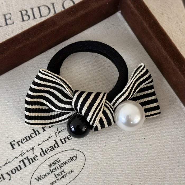 Exquisite Retro Fabric Hair Tie with Black and White Striped Bow, Faux Accent - Single Piece Fashion Accessory