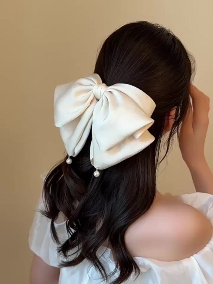 ✨High End Plastic Bead Satin Bow Hair Claw Perfect For Daily Commute And Multi Scene Wear