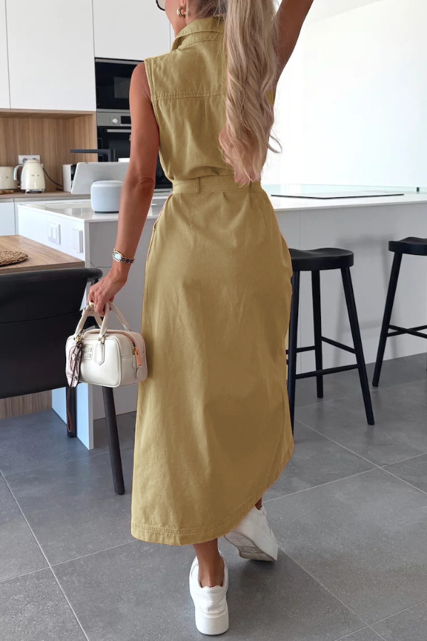 Solid Color Sleeveless Single Breasted Wst Tie Casual Pocket Denim Midi Dress
