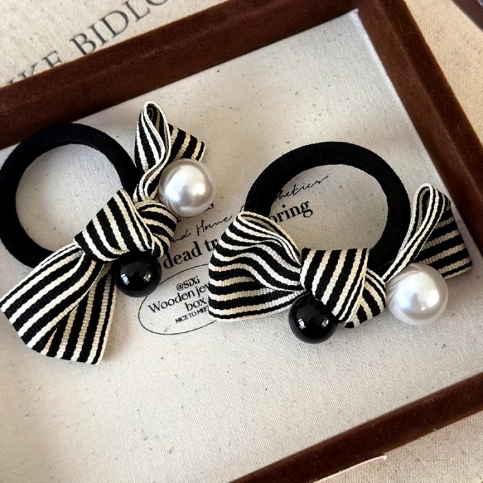 Exquisite Retro Fabric Hair Tie with Black and White Striped Bow, Faux Accent - Single Piece Fashion Accessory
