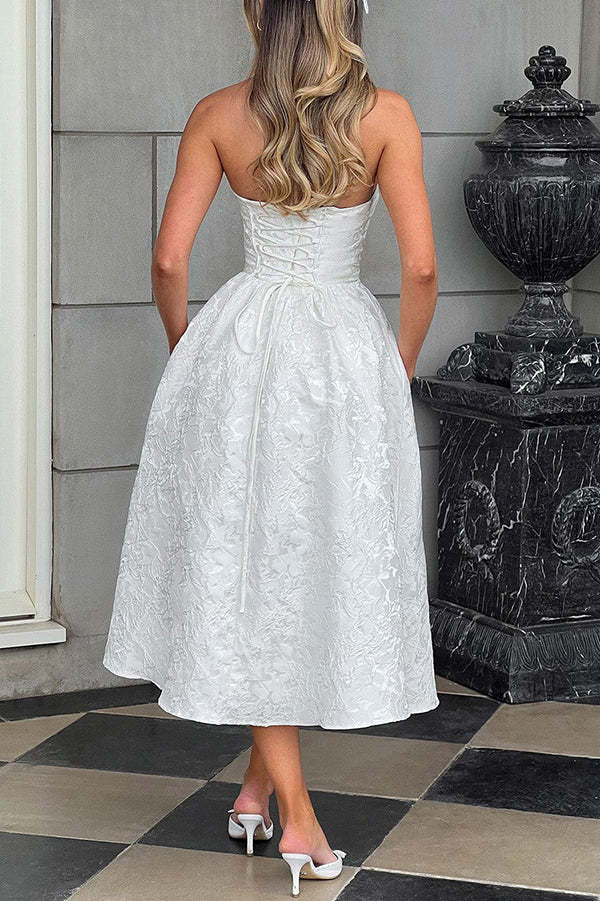 Jacquard Fabric Strapless Open Back Elegant Slim Midi Dress