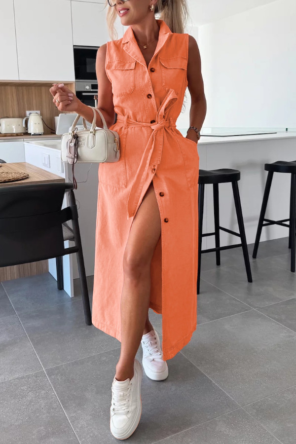 Solid Color Sleeveless Single Breasted Wst Tie Casual Pocket Denim Midi Dress