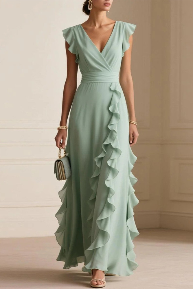 Wedding Guest Sage Green Chiffon Wrap Ruffle Flutter Sleeve Maxi Dress