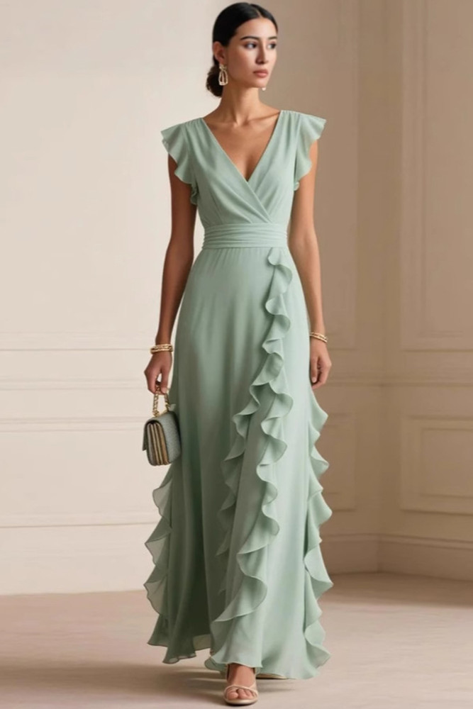 Wedding Guest Sage Green Chiffon Wrap Ruffle Flutter Sleeve Maxi Dress