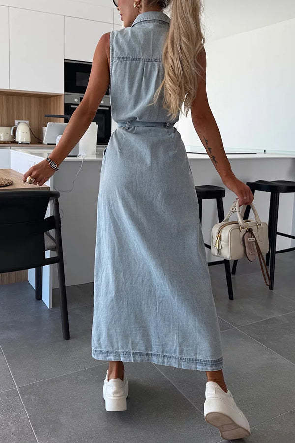 Solid Color Sleeveless Single Breasted Wst Tie Casual Pocket Denim Midi Dress