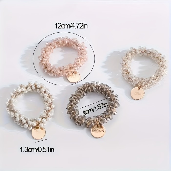 ✨4Pcs Pearl Rhinestone Hair Tie Set With Beaded Charms In Pink Peach White Golden Elegant Stylish Hair Accessories