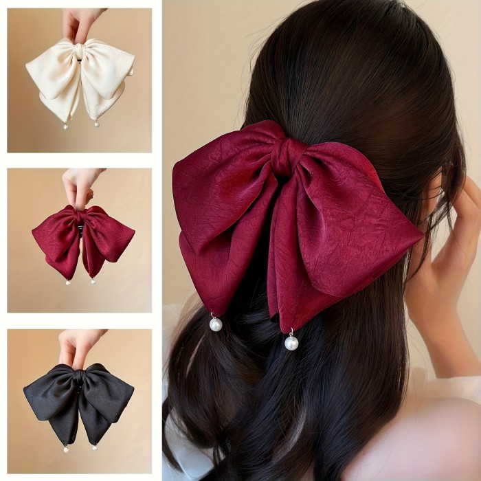 ✨High End Plastic Bead Satin Bow Hair Claw Perfect For Daily Commute And Multi Scene Wear