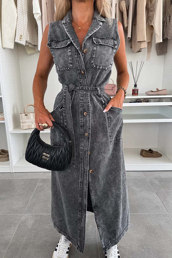 Solid Color Sleeveless Single Breasted Wst Tie Casual Pocket Denim Midi Dress