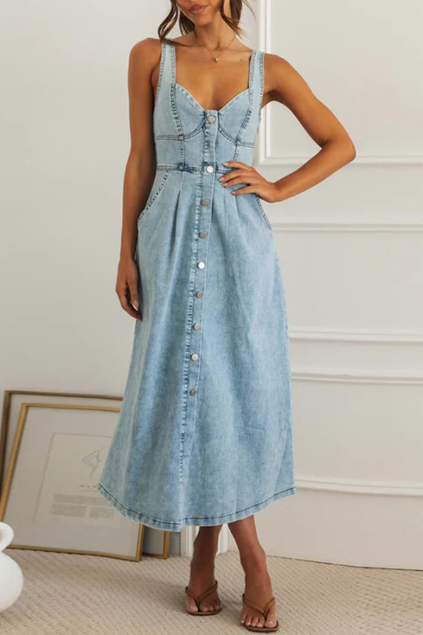 Stylish Single-breasted Fitted Wst Gathered Back Denim Maxi Dress