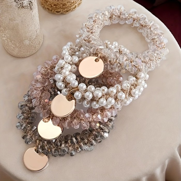 ✨4Pcs Pearl Rhinestone Hair Tie Set With Beaded Charms In Pink Peach White Golden Elegant Stylish Hair Accessories