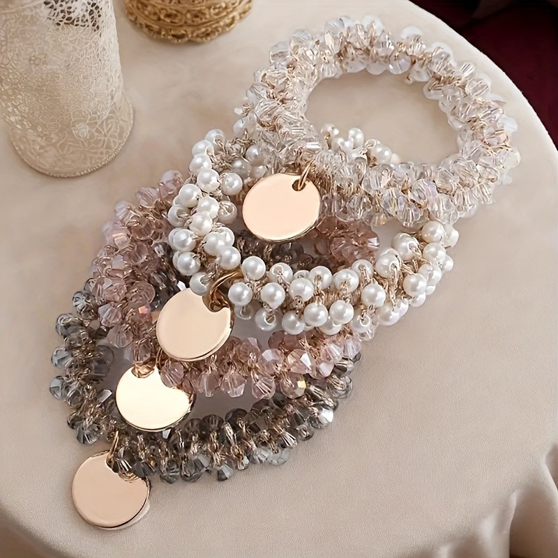 ✨4Pcs Pearl Rhinestone Hair Tie Set With Beaded Charms In Pink Peach White Golden Elegant Stylish Hair Accessories
