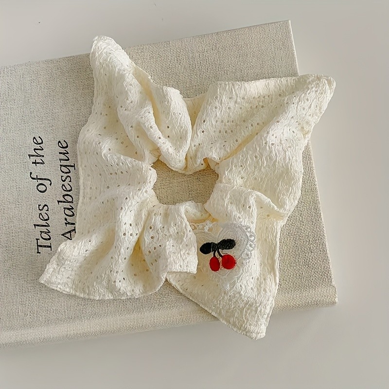 ✨Cherry White Hollowed Out Square Scrunchie Sweet Girly Fabric Hair Tie For Daily Styling