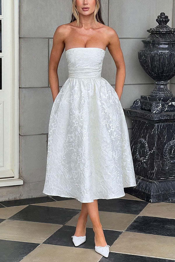 Jacquard Fabric Strapless Open Back Elegant Slim Midi Dress