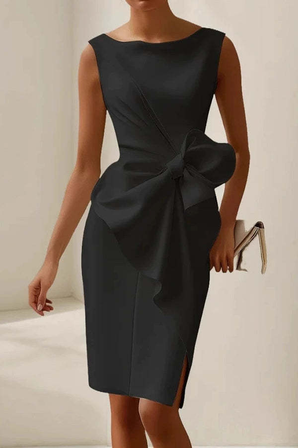 Solid Color Bow Decoration Round Neck Sleeveless Knee-Length Mini Dress