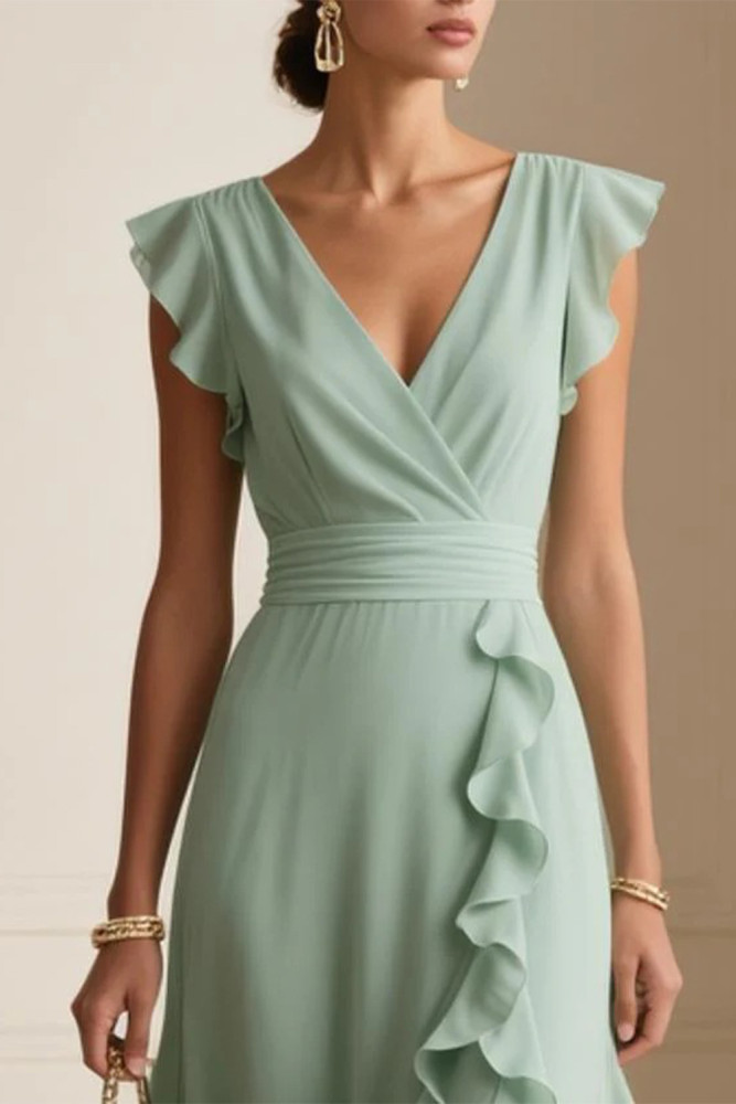 Wedding Guest Sage Green Chiffon Wrap Ruffle Flutter Sleeve Maxi Dress