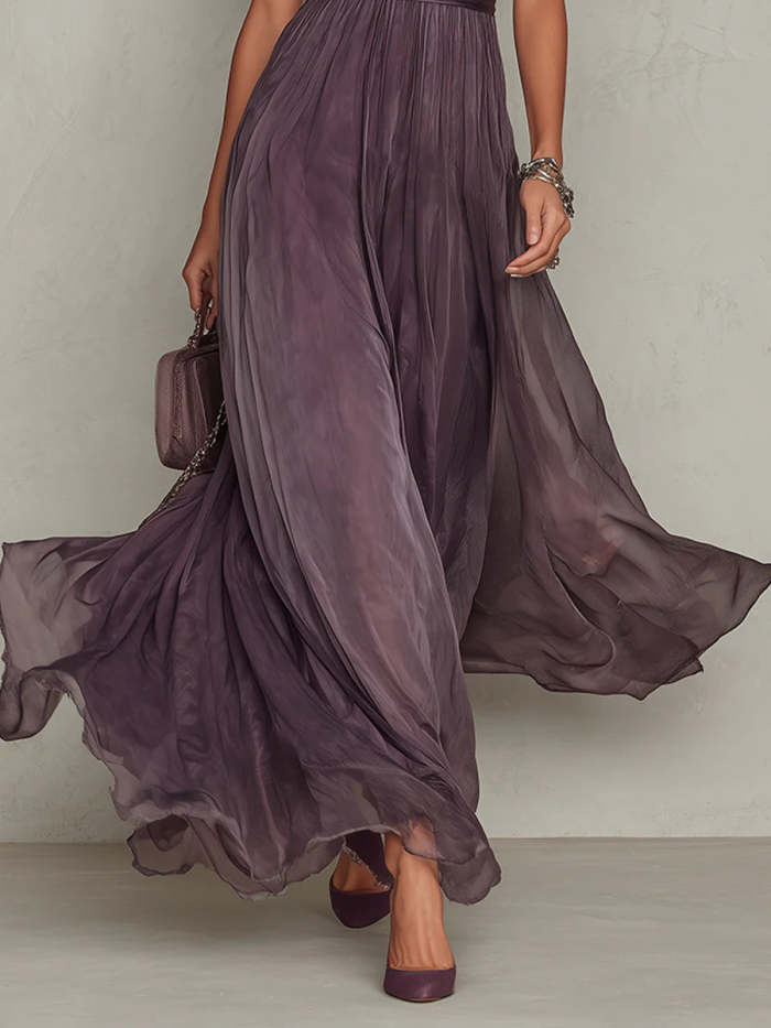 Purple Keyhole Neckline Chiffon Lace Trim Maxi Dress