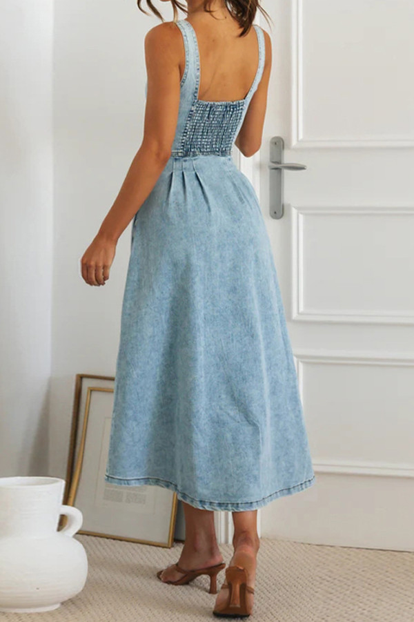 Stylish Single-breasted Fitted Wst Gathered Back Denim Maxi Dress